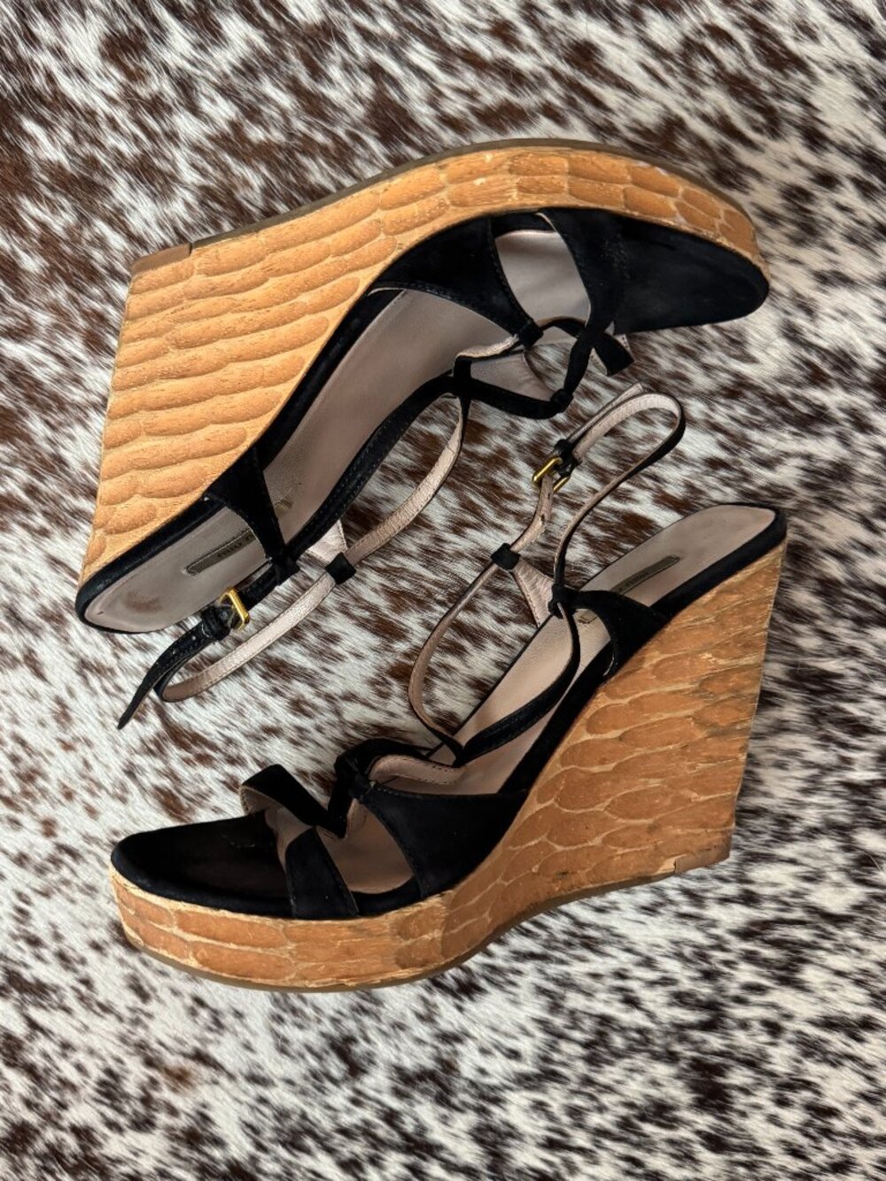 Miu Miu Black Suede Strappy Wedge Sandals Sz 35.5